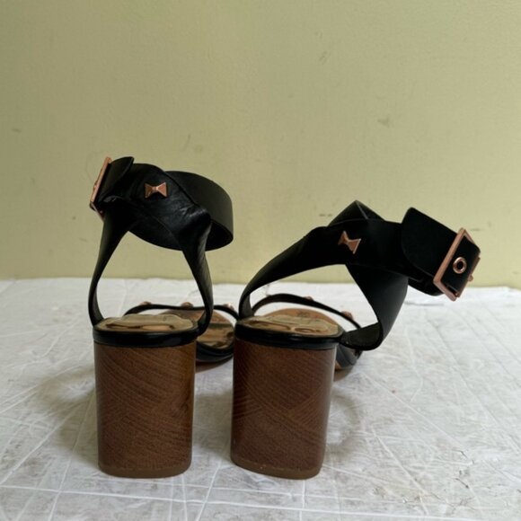 Ted Baker Biah Leather Ankle Strap Block Heel Rose Gold Bow Studs Sandal Shoe 38 - Picture 5 of 16